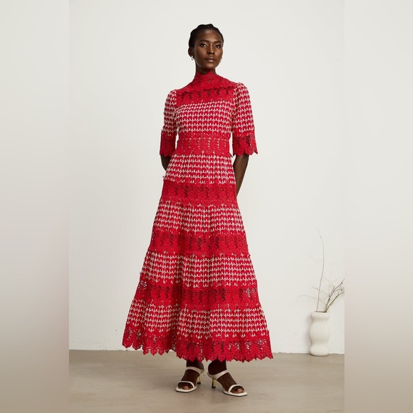 NEW Miss Rosier Chantal Scallop-Pattern Lace-Panel Long Maxi Dress Medium $183